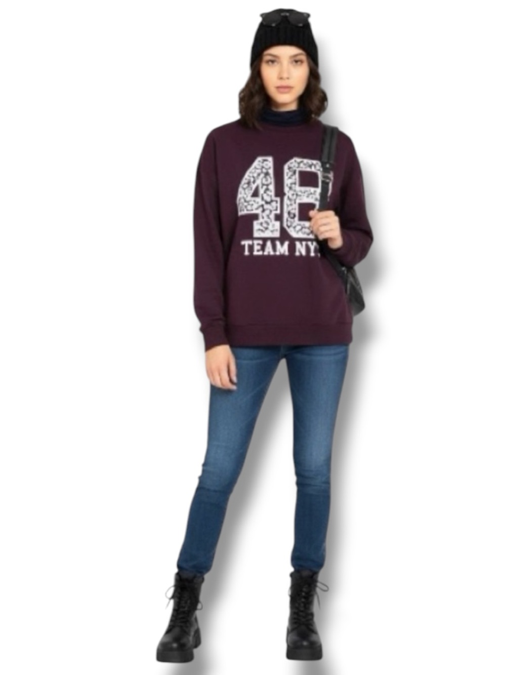H&M Sweater Y2K Burgundy Red Leopard Team NYC 48 Sparkling Burnout Crewneck M 🍭